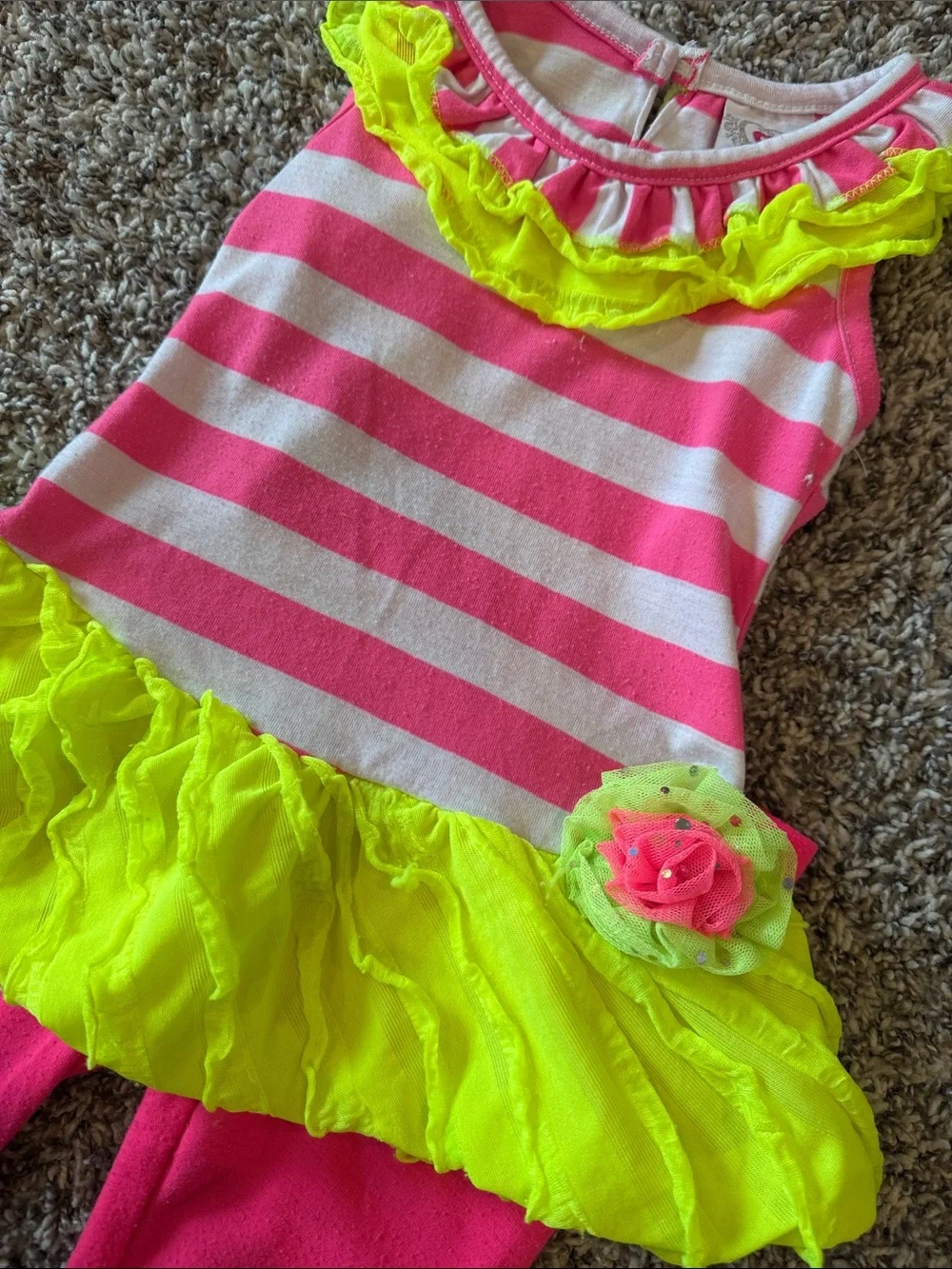 Neon Pink & Yellow Striped Girls' Matching Set - Tank Tunic & Leggings